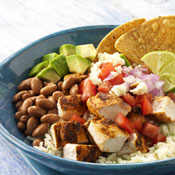 Mexican Chicken Bowl with Rice, Beans, and Queso Fresco