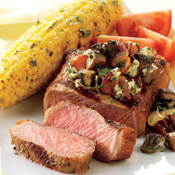 Strip Steaks with Mushrooms, Bacon, and Blue Cheese