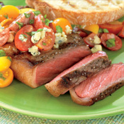 Strip Steaks with Tomato and Blue Cheese Vinaigrette